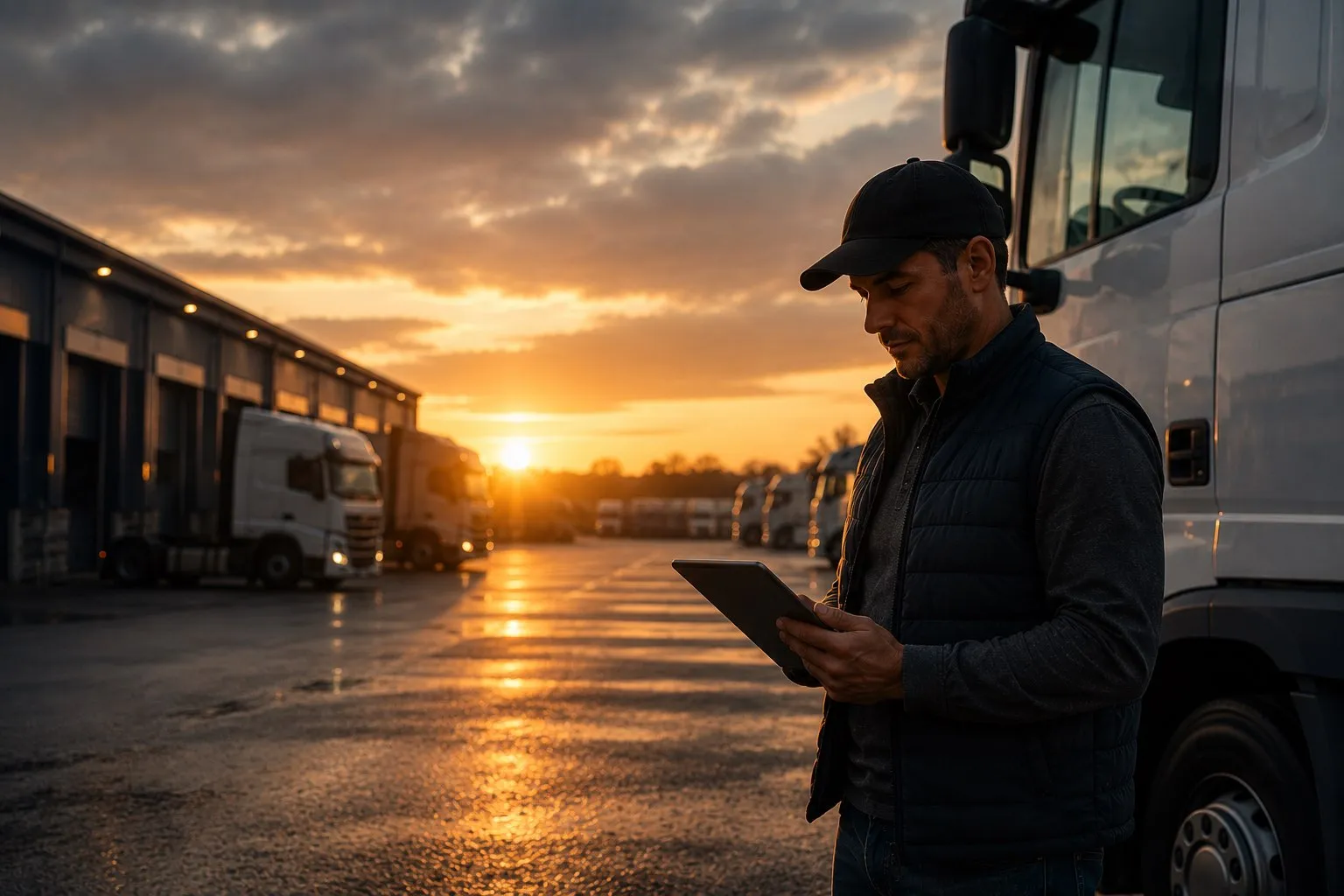 Vognmand med tablet foran lastbiler ved solnedgang