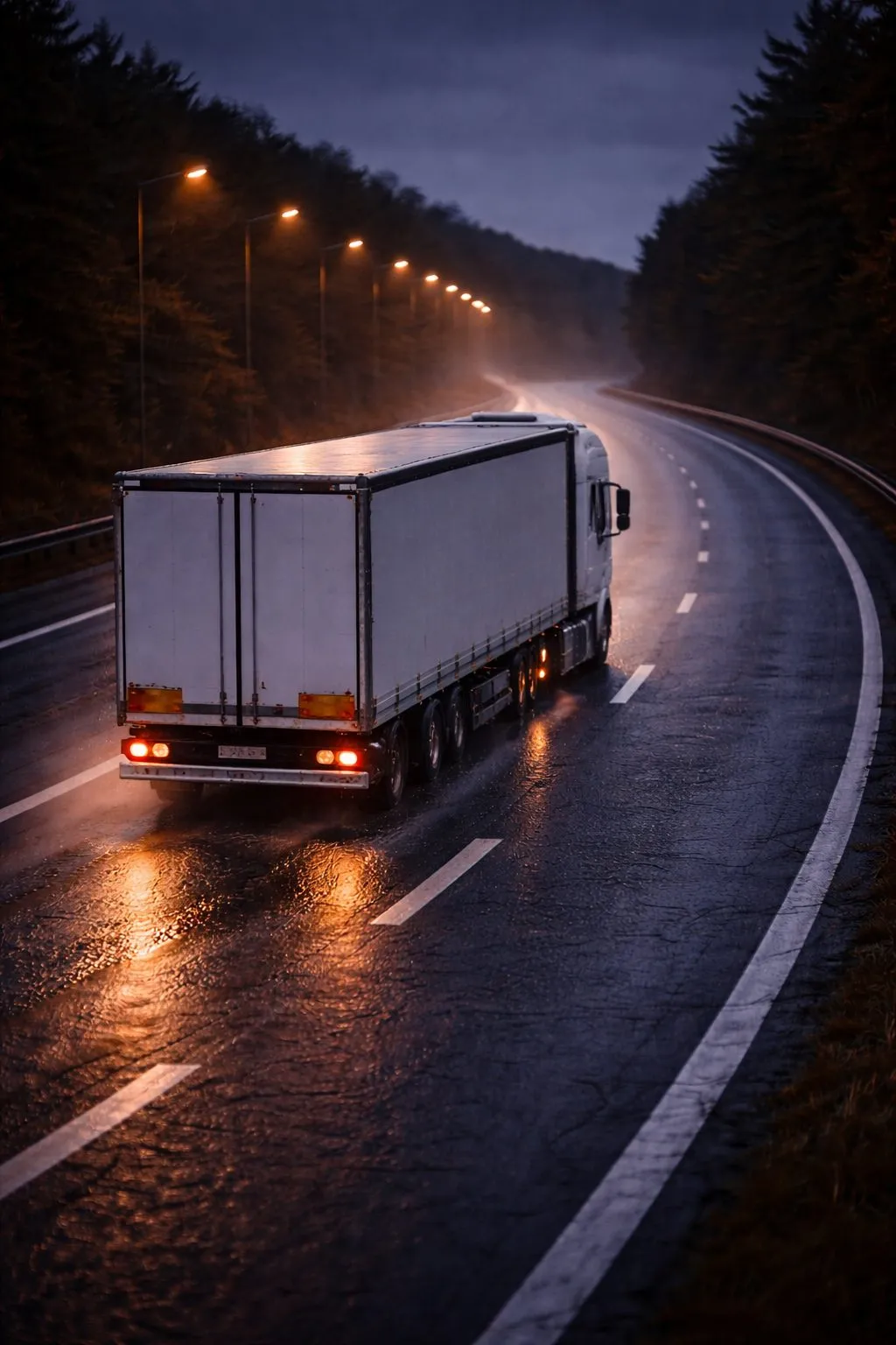 Lastbil på våd motorvej om natten